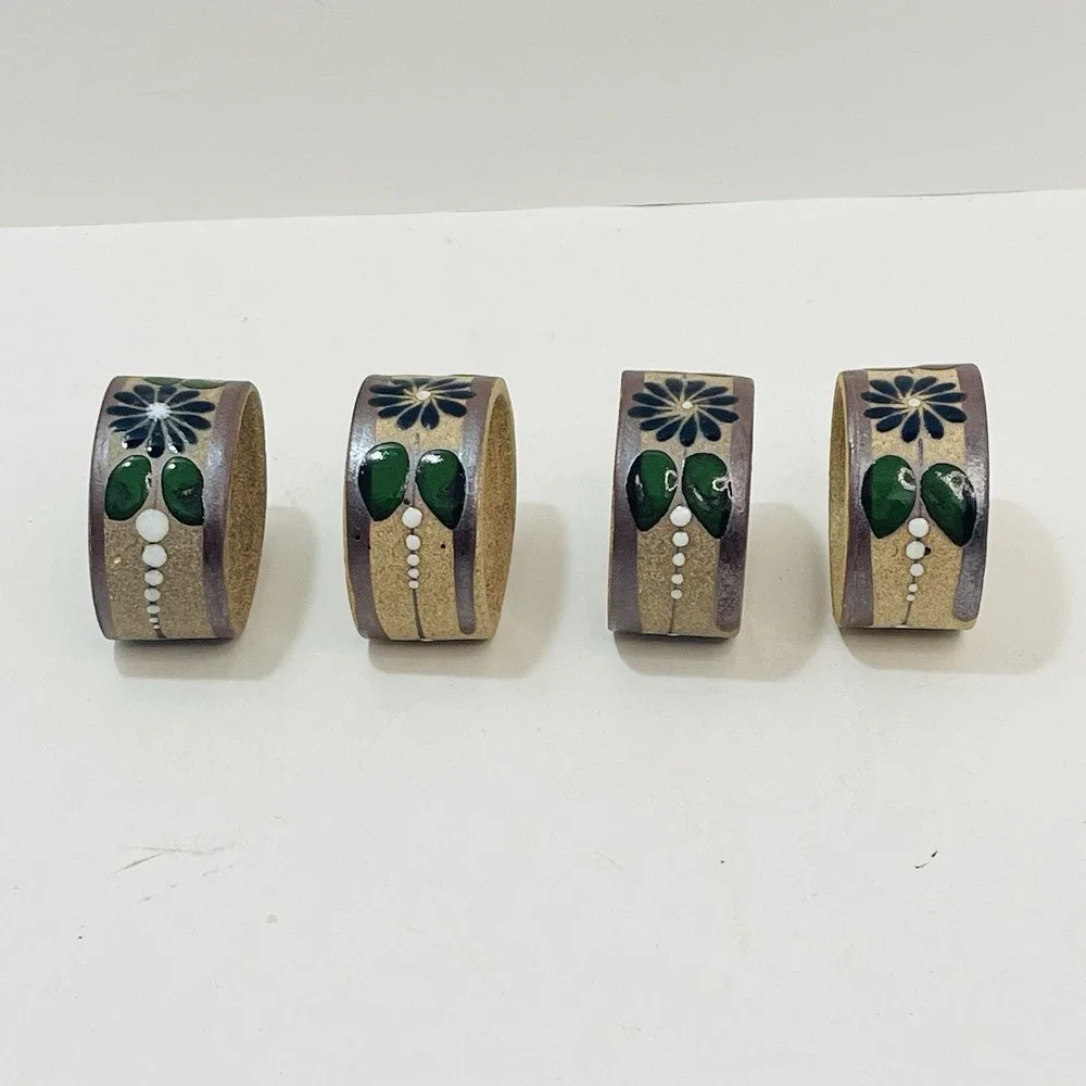 Mexican Tonala Pottery Napkin Rings Flower Rust Green Leaves  - Set‎ of 4